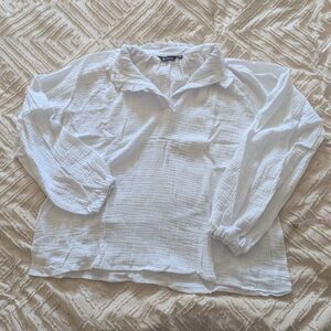 Sunnow Women's White Ruffle Blouse Size S Long Sleeve Crinkle Gauze Rayon Boho